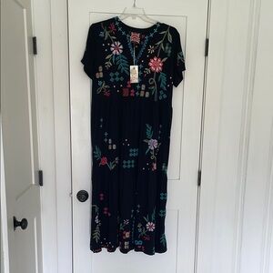Johnny Was Black Midi Dress with Multicolor Embroidery